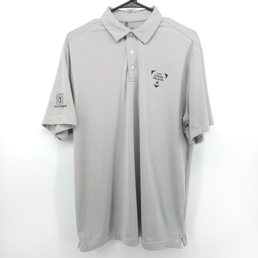 Under Armour Mens Polo Shirt AT&T Byron Nelson Medium White Grey Stripe Golf
